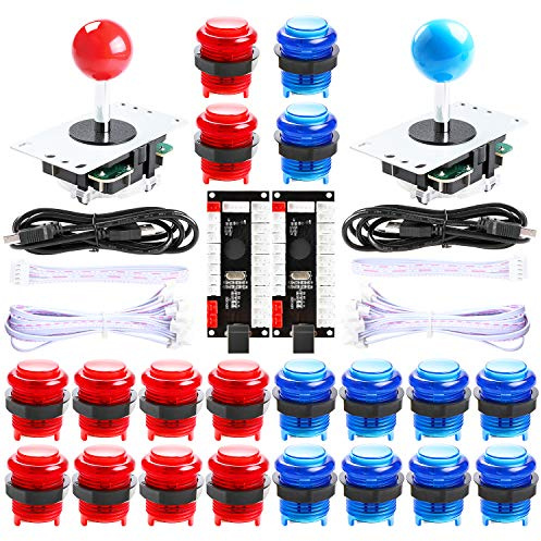 Hikig DIY-Kit für 2-Spieler-Arcade-Spiele, 2X USB-Encoder ohne Verzögerung + 2X Joystick + 20x LED-Arcade-Tasten Farbe: Rot & Blau-Kit