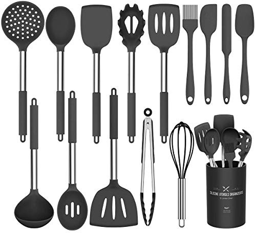 Umite Chef Küchenutensilien-Set, 15-teilig, Silikon, hitzebeständig, antihaftbeschichtet, BPA-frei, Edelstahl-Griff, Pfannenwender, Löffel, Zange, Schneebesen, Kochgeschirr