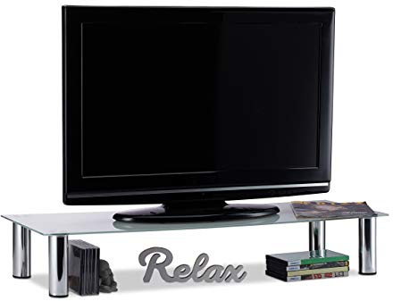 Relaxdays TV-Tisch Glas, verchromte Metallbeine, Bildschirmerhöhung, rechteckig, Glasaufsatz, 100x35x17 cm, weiß/Silber