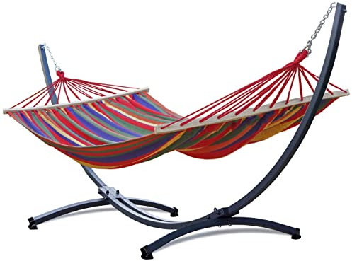 Potenza Outdoor Hängematte mit Gestell für 2 Personen I Stabhängematte XXL 220x160, 200kg I Hängemattengestell 220kg Wetterfest (Rot, Basic Gestell Graphit)