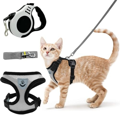TenaLucy Grau Katzengeschirr mit Leine ausbruchsicher, Katzenleine mit 5 m | Verstellbare Passform kitten zubehör, Klickverschlüsse cat leash, Mesh katzen zubehör,katzen leine für Kleine bis Normalgröße