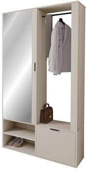 Mirjan24 Garderoben-Set Raldento mit Spiegel (Cashmere) | Praktische Flurgarderobe mit Kleiderstange, Ablagefächern, Schuhschrank und beidseitig montierbarem Spiegelschrank