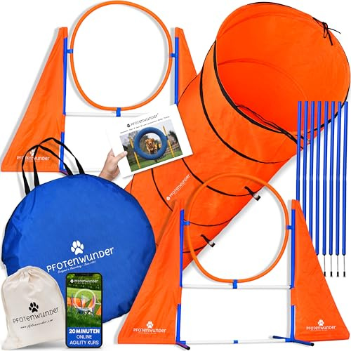 PfotenWunder® XXL-Profi-Agility Set Hunde Groß + 3 Meter-Tunnel + 21 Min. HUNDESCHULE -6 Slalomstangen, für kleine & große Hunde-Training Sport Cavaletti Parcour Steckhürdenset Zubehör Hürden