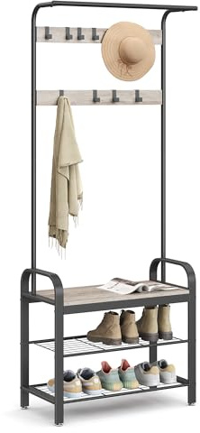 VASAGLE Garderobenständer, Garderobe, mit Schuhbank, 4-in-1 Design, 9 abnehmbare Haken, Kleiderstange, Eingangsbereich, Flur, 33,7 x 72 x 183 cm, Industrie-Design, Greige-schwarz HSR40MB