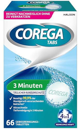 Corega Reinigungs-TABS Gebissreiniger, 3 Minuten für herausnehmbaren Zahnersatz/dritte Zähne, Gebissreinigungstabletten, 1x66