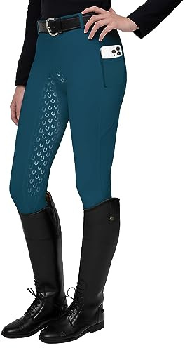 FitsT4 Sports Damen Reitleggings Silikon Vollbesatz Reithose mit Handytasche und Gürtelschlaufen,Navy Blau,Gr.M