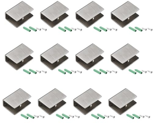 Einstellbare Glasklemme 12 Glasklemme Edelstahl 201 Gebürstet Wandhalterung Glasklemme für 6-10mm Glas Acryl Holz, Glashalter Glasklemme mit Festem Zubehör (Quadratische, 26,5x20x14,5mm)