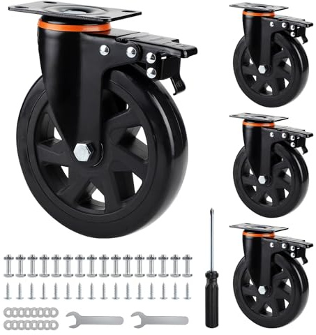 SWAWIS 4 Stück Lenkrollen 150mm Bremse für Möbel Trolley Tisch Schrank | Schwerlastrollen mit Montagezubehör, Polyurethan PU Rollen 360° drehbar