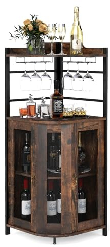 GIANTEX Weinschrank Eckschrank Industrial, Barschrank mit Glashalter, Weinbarschrank mit verstellbarem Regal, Küche Hausbar mit Metallgittertüren, Küchenschrank mit Kippschutz, 46 x 46 x 130 cm