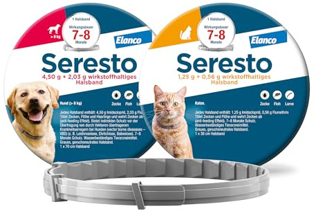 Seresto Zeckenhalsband Kombi-Set für große Hunde & Katzen, 2 Halsbänder | Praktisches Set mit 1x für große Hunde (ab 8kg) & 1x für Katzen. Bis zu 8 Monate Schutz vor Flöhen und Zecken