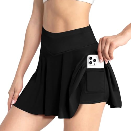 AUYAO Damen Plissiert Tennisrock mit Hose Tennis Rock Skort Mädchen mit Hoher Taille Tennisröcke Schwarzer Activewear Minirock mit Taschen Sommer Outdoor Sportrock Skirt für Sport Tennis Golf Laufen