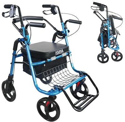 KMINA Rollator Rollstuhl 2 in 1 für Glatte Böden, Faltbarer Gehwagen mit Sitz und Korb, Seniorenrollator mit Rollstuhlfunktion, Leichtes Aluminium, Blau