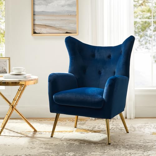 HULALA HOME Sessel gemütlich Ohrensessel gepolstert mit goldenen Metallbeinen Lesesessel bequem Loungesessel aus Samt für Wohnzimmer Schlafzimmer, Blau