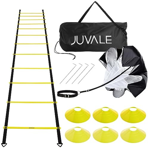 Schnelligkeit- und Beweglichkeits-Trainingsset inklusive 6-Meter-Koordinationsleiter, 6 Scheibenkegel, Widerstandsschirm und 4 Stahlstangen mit Tragetasche, Schwarz, gelb