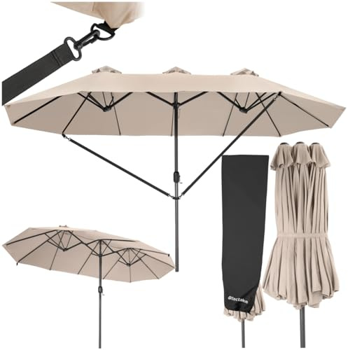tectake® Doppelsonnenschirm mit Handkurbel, 460 x 270 cm, Alu Sonnenschirm mit Sonnenschutz UV50+, Gartenschirm rechteckig, als Terrassenüberdachung freistehend oder Marktschirm - beige