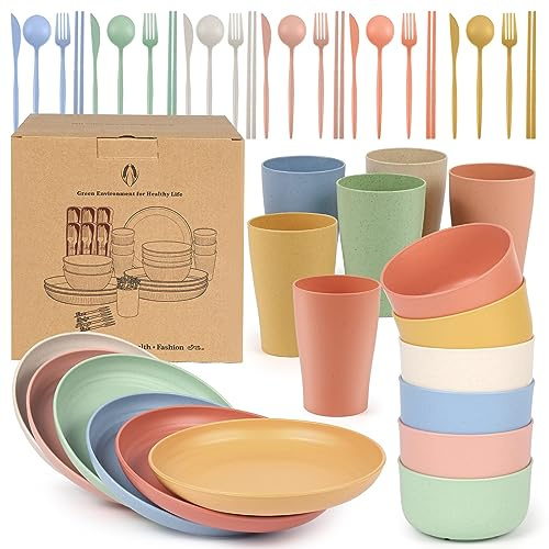 Czemo Camping Geschirr Set 6 Personen Geschirrsets aus Kunststoff Camping Geschirr Set Picknickgeschirr, Plastikgeschirr mit Tellerset, Schüssel, Becher, Besteck Set