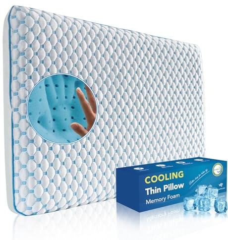 Iwacool Ultradünnes Kühlendes Memory Foam Kissen für Bauchschläfer und Rückenschläfer/Flaches Kopfkissen 2.25inch Bauchschläferkissen Stoffbezug Waschbar, Orthopädisches Kissen 40x60 zum Schlafen
