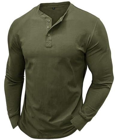 Herren Henley Shirt Longsleeve Langarmshirt Männer DREI Taste Knopfleiste Baumwolle Beiläufig Hemden Heavyweight T-Shirt mit Grandad-Ausschnitt