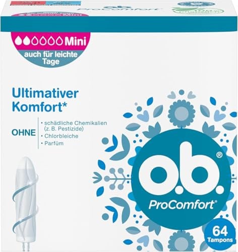o.b. Tampons ProComfort Mini 64 Stk., für ultimativen Komfort mit SilkTouch Oberfläche und Dynamic Fit Technologie, 100 Prozent pflanzlich basierter Tamponkern