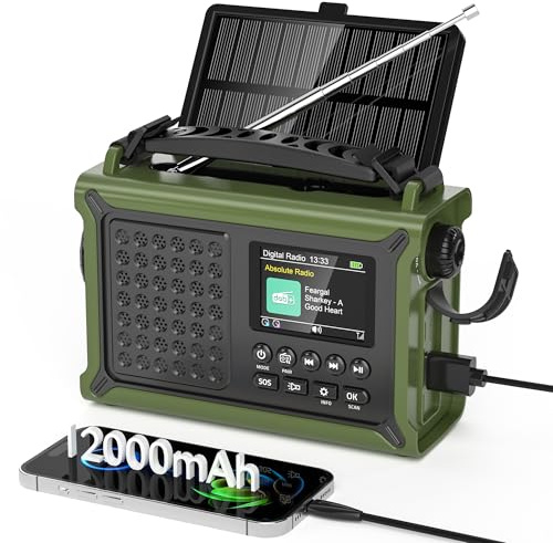 Kurbelradio DAB/DAB+/UKW mit 12000mAh Akku, Notfallradio mit 8500mm² Solarpanel, Handkurbel Blackout Notfallausrüstung, Digital Radio mit Bluetooth 5.0, Taschenlampe & Leselicht für Outdoor, Camping