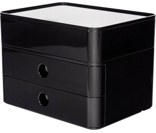 HAN Schubladenbox Allison SMART-BOX plus mit 2 Schubladen, Trennwand sowie Utensilienbox, inkl. Kabelführung, stapelbar, Büro, Schreibtisch möbelschonende Gummifüße, 1100-13, hochglänzend schwarz