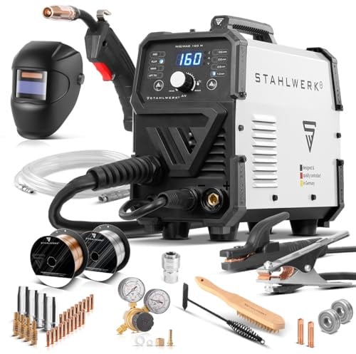 STAHLWERK Schutzgasschweißgerät MIG/MAG 160 M – Vollausstattung – kompakter 5-in-1-Kombi-Inverter mit 160 A für MIG/MAG, FLUX (Fülldrahtschweißen), MMA/E-Hand (ARC) & Lift-TIG (DC), 6,8 kg, Hotstart