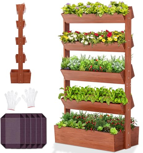 SUNYRISY Holz Hochbeet Vertikalbeet Premium Blumenkasten Balkon, 5 Etagen Outdoor Blumentreppe Pflanztreppen Gemüsebeet Kräuterbeet Mit Etagen, Balkon Garten Terrasse Dekoration