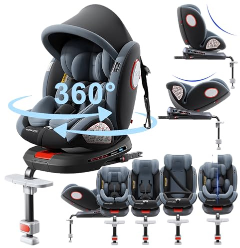 Reenborn 360° Drehbare Autositze: Liegeautositze mit Verstellbarer Kopfstütze und 5-Punkt-Sicherheitsgurt, Isofix, Gruppen 0/1/2/3, 0-36 kg, ECE R129 Zertifiziert (Grey High Version)