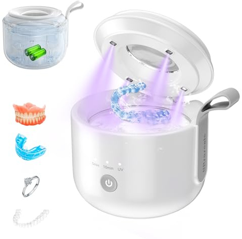 JeaTone Ultraschallreinigungsgerät Zahnschiene Kabellos - 48kHz Dental Pod mit UV-Licht & 2000mAh Akku - IPX5 Wasserdichtes Ultraschallreiniger für Retainer, Aligner, Zahnersatz & Schmuck - 200ml