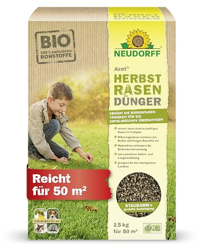 Neudorff Azet HerbstRasenDünger - Organischer Bio-Dünger für 50 m² stärkt die Frosthärte und sorgt für einen dichten, kräftigen Rasen im Frühjahr, 2,5 kg, Braun, 01381