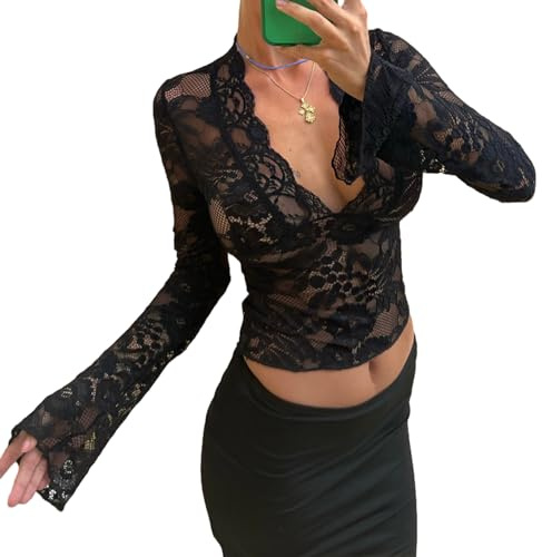 Geagodelia Damen Sexy Spitze Oberteil Mesh Top Elegant Transparent Langarmshirt Bluse Y2k Fashion Aesthetic Clothes Streetwear Clubwear Sommer