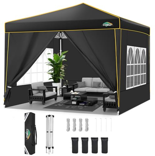 COBIZI Pavillon 3x3m Faltpavillon Wasserdicht Stabil Winterfest Partyzelt Faltbar Pop Up Pavillon mit 4 Seitenwänden und 4 Sandsäcken UV-Schutz 50+ Gartenpavillon für Strand Hochzeit Camping, Schwarz