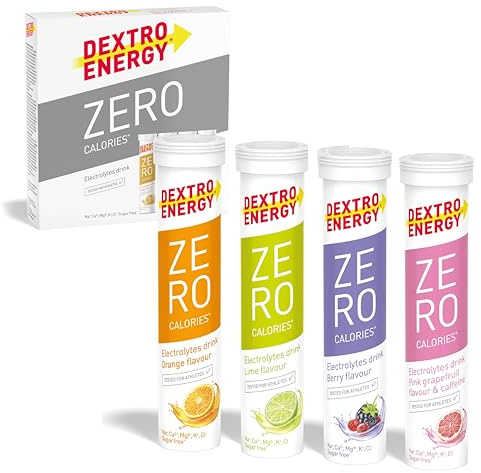 Dextro Energy Elektrolyte ohne Zucker Mix Pack 4 Sorten, 4x20 Brausetabletten (4er Pack) - Berry, Lemon, Orange und Pink Grapefruit + Koffein Flavour