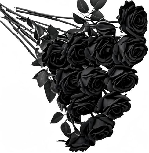 JazRvr 12 Schwarz Rosen Künstlich, Dark Romance Deko, Single Stem Schwarze, Natürliche Und Schöne Fake Rose Bouquet, Hausdekor, Partydekoration, DIY-Projekte, für Hausgarten Party Hochzeitssträuße