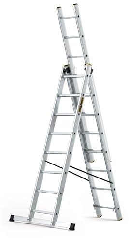 DRABEST Leiter PRO Serie Aluleiter 3-teilig Mehrzweckleiter 3x8 Stufen Leiter Multifunktionsleiter Kombileiter bis 150 kg Beslastbar - Arbeitshöhe 5,05 m - inkl. Eimerhaken