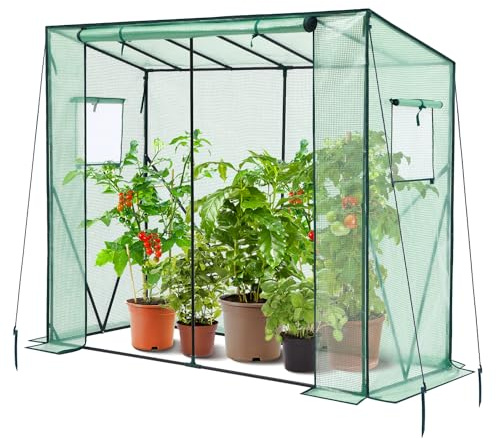 Ohuhu Gewächshaus Tomatengewächshaus Foliengewächshaus mit PE-Abdeckung und Fernster, Gewächshaus Klein Balkon Outdoor 200x77x170 cm Winterfest Tomatenhaus für Optimales Pflanzenwachstum Grün