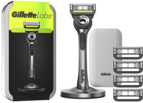Gillette Labs Nassrasierer Herren, Rasierer mit Reinigungs-Element + Reise-Etui zur Aufbewahrung für unterwegs + 5 Rasierklingen, Geschenk für Männer, Premium-Magnetdock, 1 stück (1er Pack)