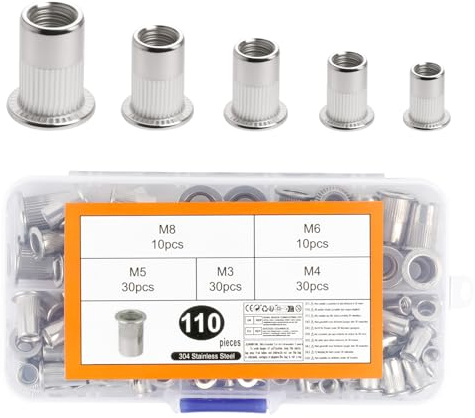 110 Stk Nietmuttern Sortiment, M3 M4 M5 M6 M8 Edelstahl Blindnietmuttern Set, Einnietmuttern für Nietmutternzange, Flachkopf Einziehmuttern, Gewindehülsen Gewindenieten für Metallplatten Rohre