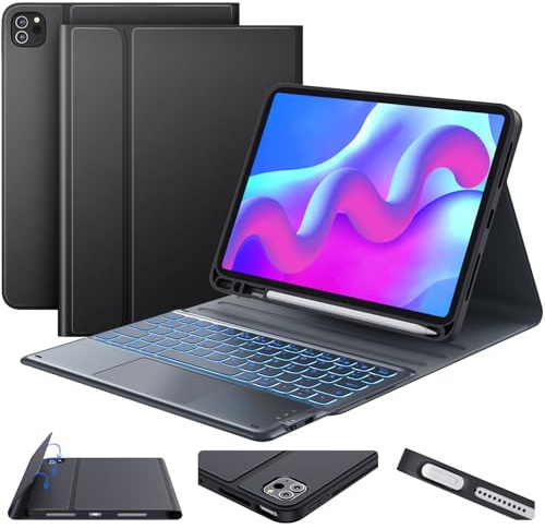 Earto für iPad Air 11 Zoll Hülle mit Tastatur 2025/2024(M3/M2), 7-Farbige Beleuchtung, QWERTZ-Tastatur mit Touchpad für iPad Pro 11, Air 5/4 10.9, Schwarz