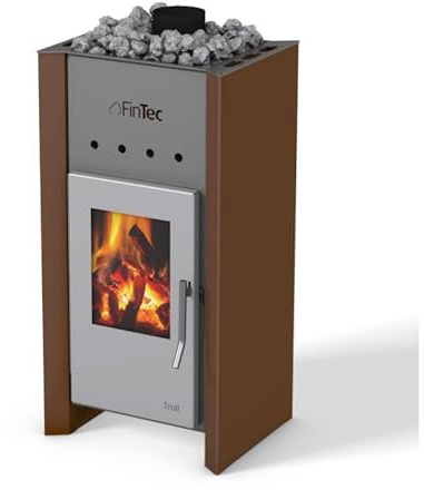 FinTec TROLL Holz-Saunaofen – 7,8 kW, 70 kg I Kompakt mit 78,5% Wirkungsgrad I Große Feuersichtscheibe I Einfacher Kaminanschluss I Made in Germany