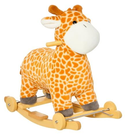 HOMCOM 2-IN-1 Schaukelpferd mit Räder Plüsch Schaukeltier Babyschaukel Spielzeug Gelb 63 x 38 x 63 cm