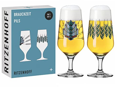 RITZENHOFF 6201001 Bierglas 374 ml 2er Set Serie Brauchzeit mit Illustrationen, mehrfarbig Made in Germany