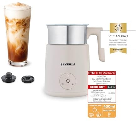 Severin Design Induktions-Milchaufschäumer, elektrischer Milchschäumer mit Edelstahlbehälter, kaltes und warmes Aufschäumen, Schokoladen-Funktion, geeignet für vegane Milch, Aesthetic, beige, SM 3589
