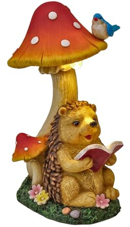 TERESA'S COLLECTIONS Gartendeko für Draußen Igel Gartenfigur mit Pilz Feengarten Figur Solar Gartenleuchte aus Kunstharz Wasserdicht Herbstdeko Gartendeko Terasse Hof 26cm