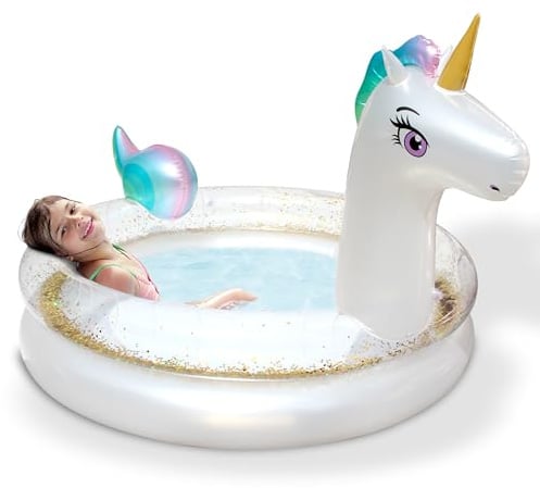 ONBEST Kinderpool Einhorn 200x135x90 cm aufblasbar ab 3 Jahre | Plantschbecken, Aufstellpool und Kinderbecken mit Glitzer, Erlebnispool für Balkon und Garten