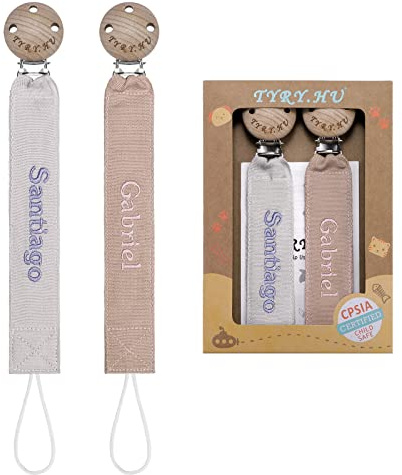 TYRY.HU Schnullerkette mit Namen Jungen Mädchen Personalisierte Schnullerband Holz Clip Baumwolle Schnuller Clips für Neugeboren, 2 Stücke