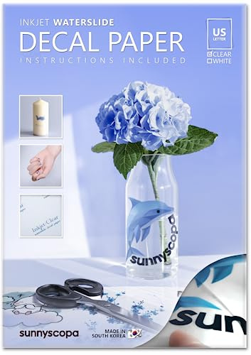 Sunnyscopa Waterslide Aufkleberpapier für Tintenstrahldrucker - TRANSPARENT, US LETTER FORMAT 21,6 x 27,9 cm, 100 BLATT, Personalisiertes Wasserschiebe-Transfer transparentes bedruckbares Papier - DIY