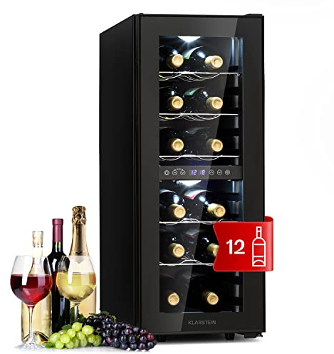 Klarstein Weinkühlschrank Freistehend, Kleiner Getränkekühlschrank Schmal, 2 Zonen Weinkühlschrank mit Glastür, Indoor/Outdoor Beersafe, Kühlschrank Klein mit UV-Schutz, 5-18°C, 12 Flaschen