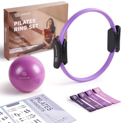 LIONSCOOL Pilates-Ring-Set (Lila) – 36cm verformungsbeständiger Pilates-Ring mit gepolsterten Griffen, 23 cm Mini-Ball, elastische Latex-Widerstandsbänder, Anleitung und Tasche