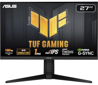 ASUS TUF Gaming VG27AQL3A - 27 Zoll WQHD Monitor - 180 Hz, 1ms GtG, FreeSync, G-Sync, Adaptive Sync, ELMB, DisplayHDR 400 - Fast-IPS Panel, 16:9, 2560x1440, DP, HDMI, USB, ergonomisch, Speaker